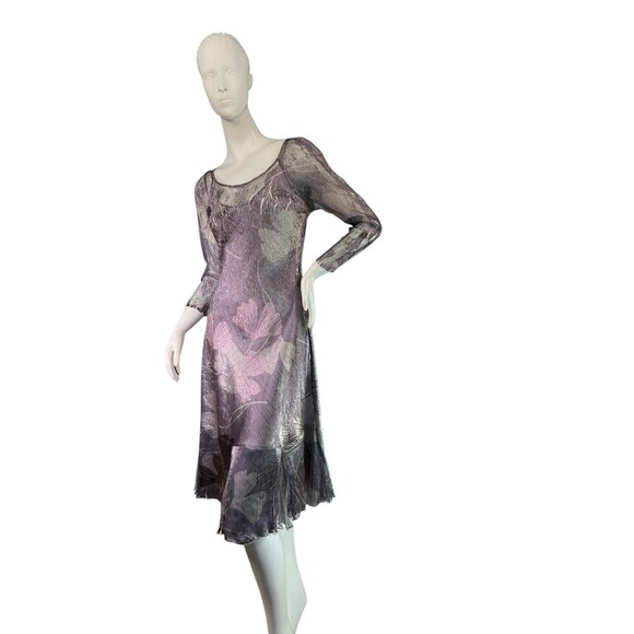 Komarov Dress Gray Silver Mauve Ginko Leaf Print Pleated Hem, Lace Detail $468 M - Picture 3 of 13